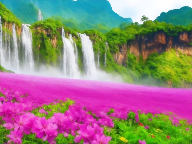 Campo de flores con montaña y cascada Ilustración generativa de IA