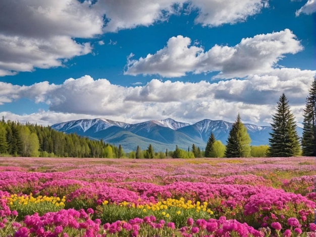 un campo de flores con una montaña en el fondo