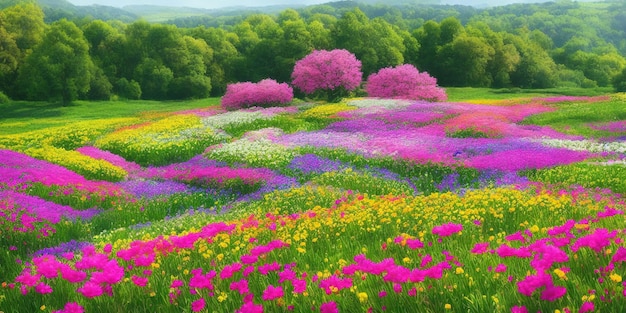 Un campo de flores con una montaña en el fondo