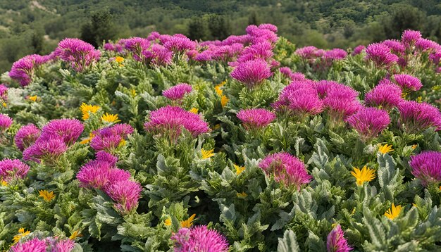 Foto un campo de flores con una montaña en el fondo