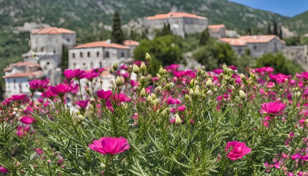 Foto un campo de flores con una montaña en el fondo