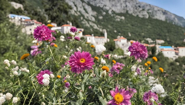 un campo de flores con una montaña en el fondo