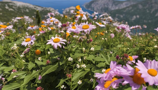 un campo de flores con una montaña en el fondo