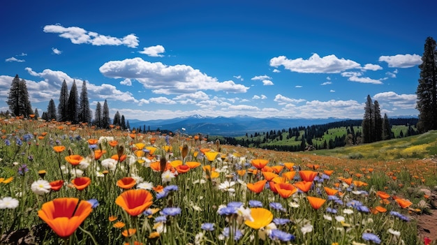 Un campo de flores con montañas al fondo.