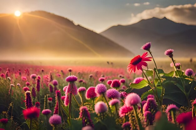 Un campo de flores con montañas al fondo.