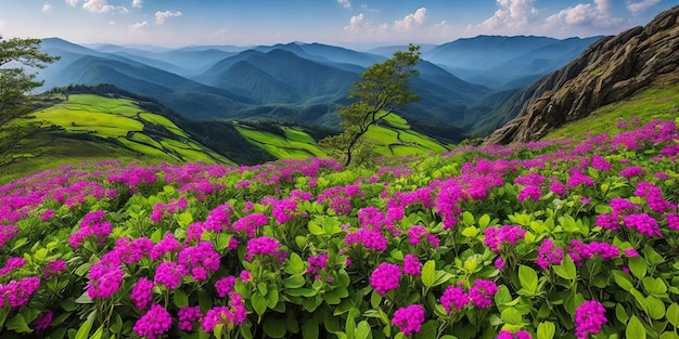 Un campo de flores con montañas al fondo.