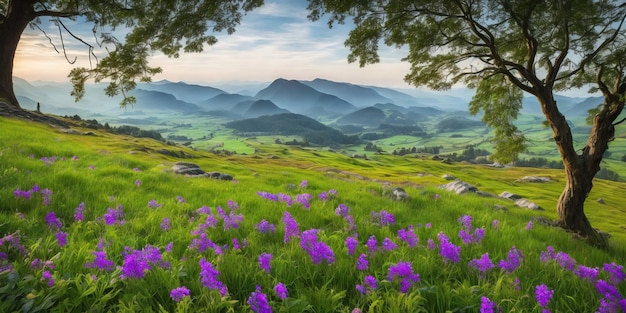 Un campo de flores con montañas al fondo.