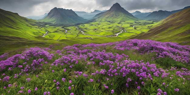 Un campo de flores con montañas al fondo.