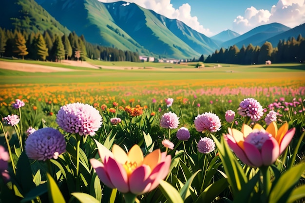 Un campo de flores con montañas al fondo.