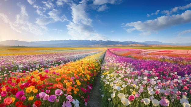 un campo de flores con montañas en el fondo