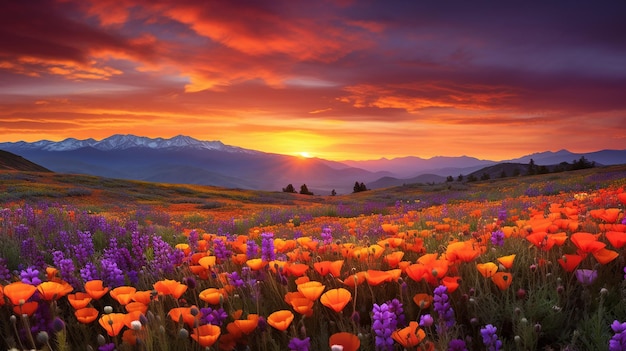 un campo de flores con montañas en el fondo
