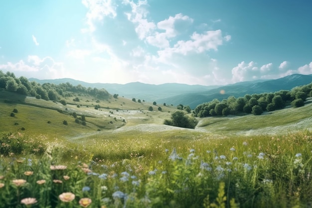 Un campo de flores en las montañas.