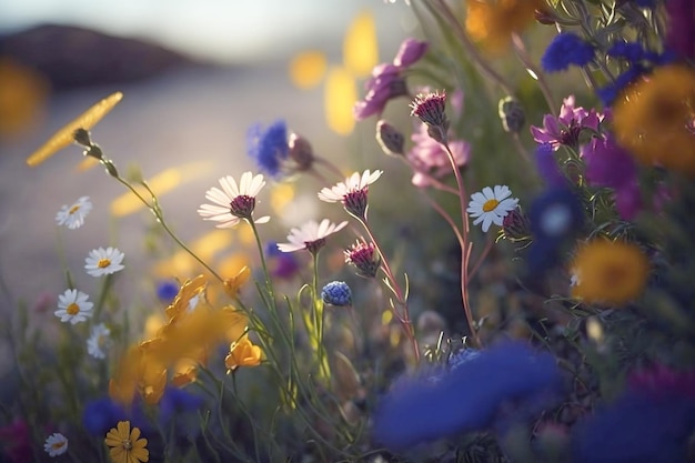 Un campo de flores en las montañas.