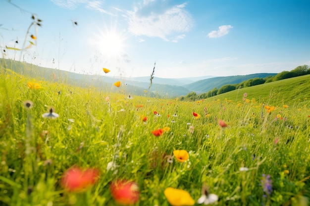 Un campo de flores en las montañas.