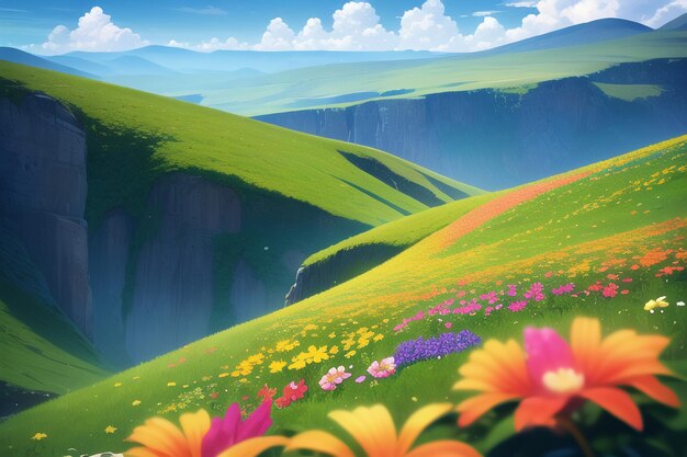 Un campo de flores en las montañas.