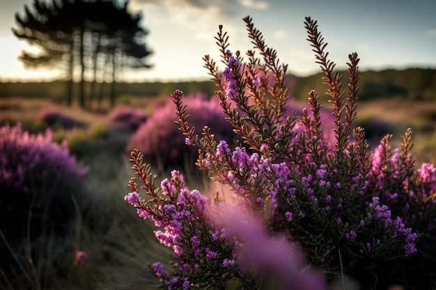 Un campo de flores moradas con una puesta de sol de fondo