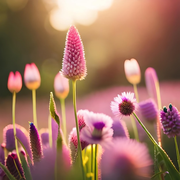 Un campo de flores moradas con el sol brillando sobre ellas.