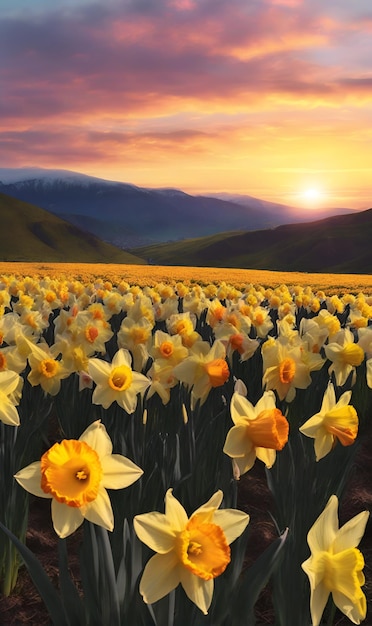 Un campo de flores de narcisos en flor