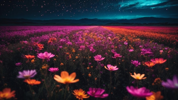 Campo con flores por la noche