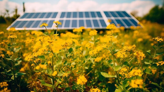 Un campo de flores con un panel solar al fondo.