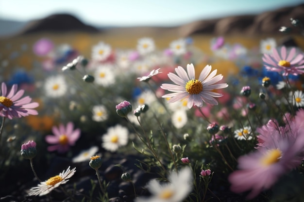 Campo de flores de primavera con pétalos voladores primer AI Generation