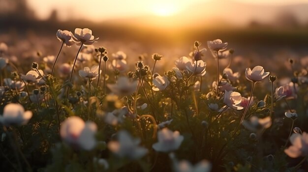 Un campo de flores con la puesta de sol detrás de él