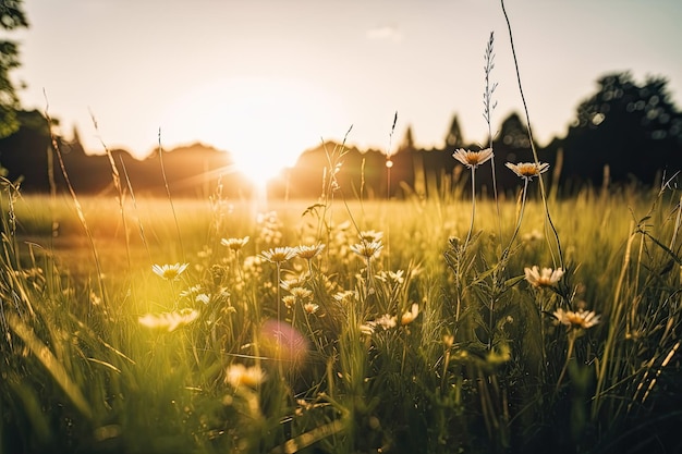 Un campo de flores con la puesta de sol detrás de él