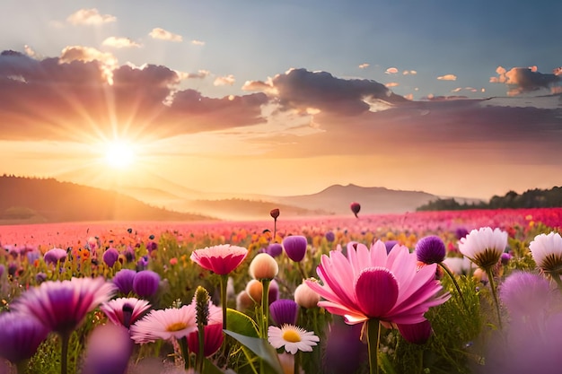 Un campo de flores con la puesta de sol detrás de él