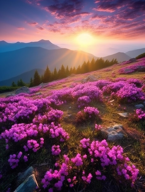 Un campo de flores con la puesta de sol detrás de él