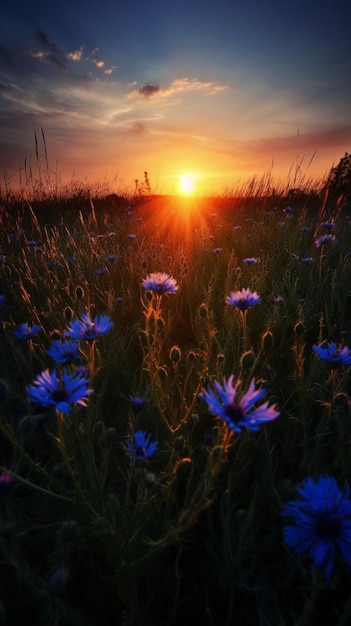 Un campo de flores con la puesta de sol detrás de él