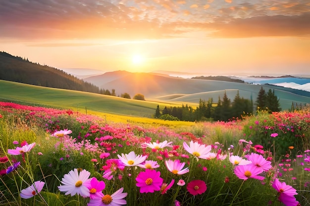 Foto un campo de flores con la puesta de sol detrás de ellos