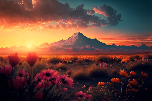 Un campo de flores con la puesta de sol de fondo