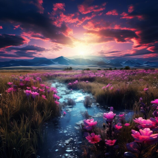 un campo de flores con una puesta de sol en el fondo