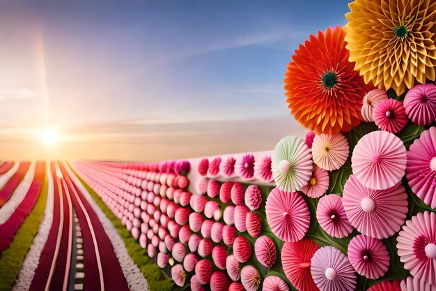 campo de flores con una puesta de sol en el fondo