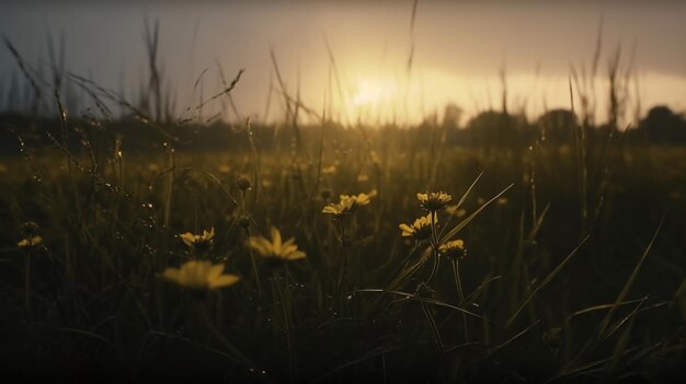 Un campo de flores en la puesta de sol
