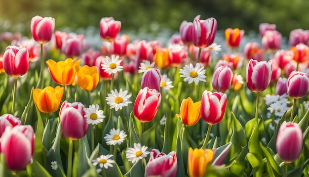 un campo de flores púrpuras y amarillas con la palabra tulipanes en ellos