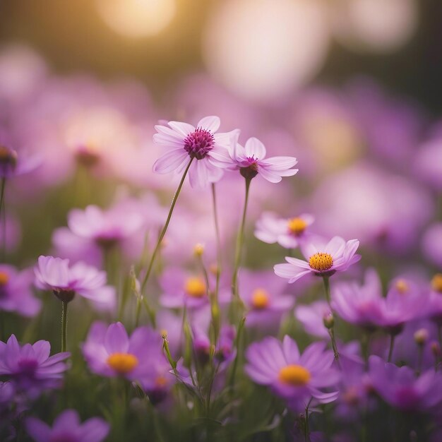 Foto un campo de flores púrpuras con centros amarillos que florecen a la luz del sol