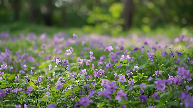 Un campo de flores púrpuras con un fondo borroso Las flores están en foco y tienen una hermosa gama de colores