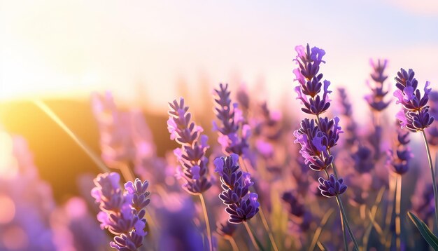 Un campo de flores púrpuras con un sol brillante en el fondo