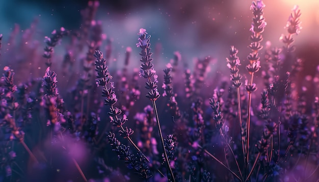 Un campo de flores púrpuras con un tono rosado