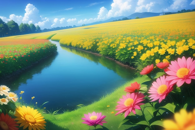 Un campo de flores con un río al fondo.