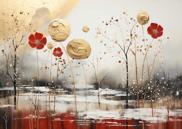 el campo flores rojas árboles ceniza colores terrosos crema blanco símbolos jungianos invierno pintura gotea desolada