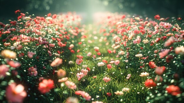 Foto campo con flores rojas y blancas