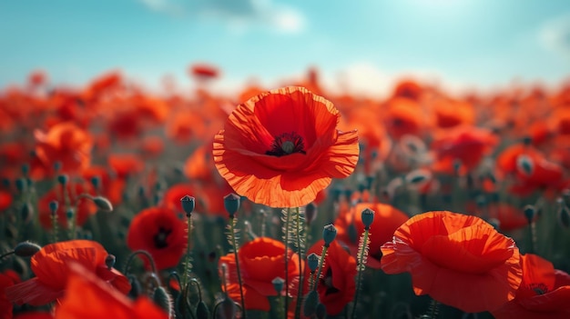 Campo de flores rojas bajo el cielo azul