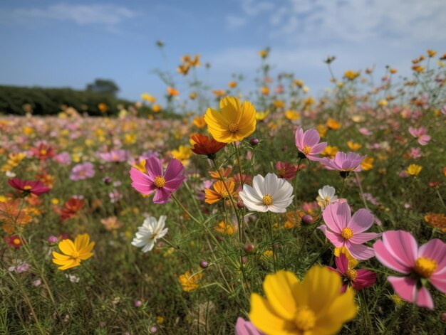 Un campo de flores rosadas y amarillas con un ai generativo del cielo azul