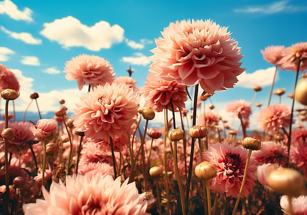 un campo de flores rosadas en el cielo azul