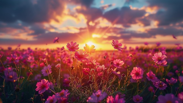 Campo de flores rosadas bajo un cielo nublado