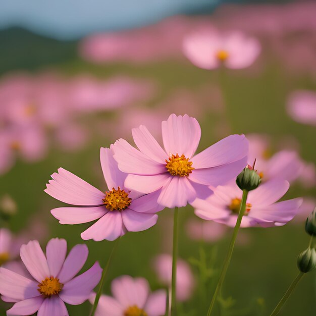 Foto un campo de flores rosadas con una montaña en el fondo