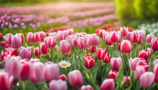 un campo de flores rosadas y púrpuras con una sola margarita en el medio