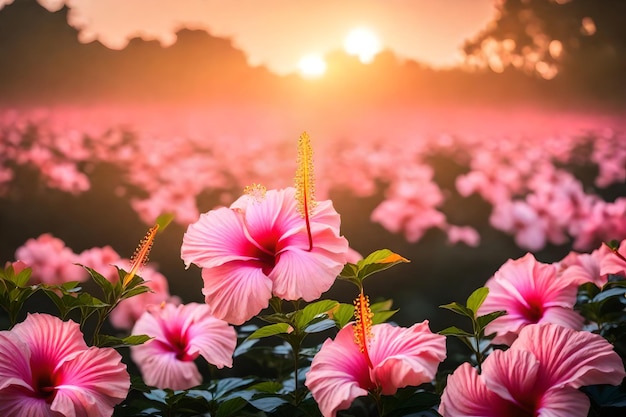 Foto un campo de flores rosadas con el sol poniéndose detrás de ellas
